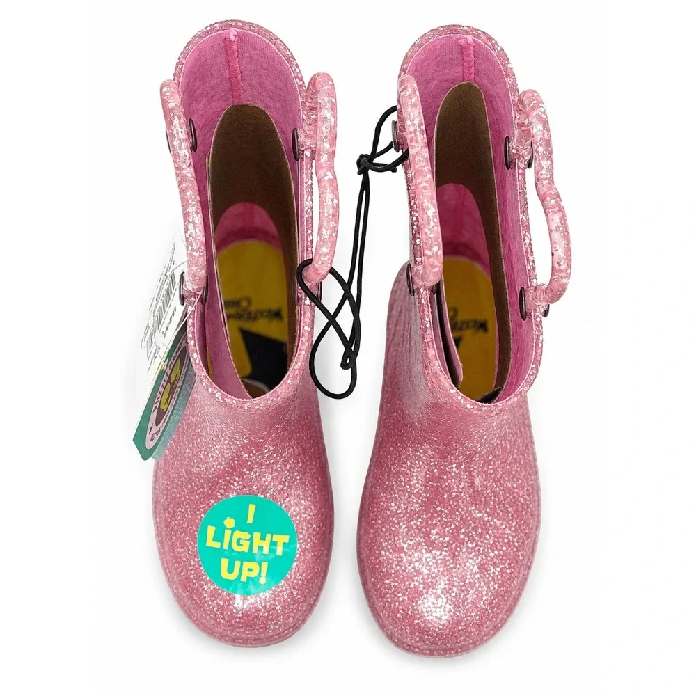 Western Chief Girls Abby Toddler 7 Pink Glitter Light Up Waterproof Rain Boots